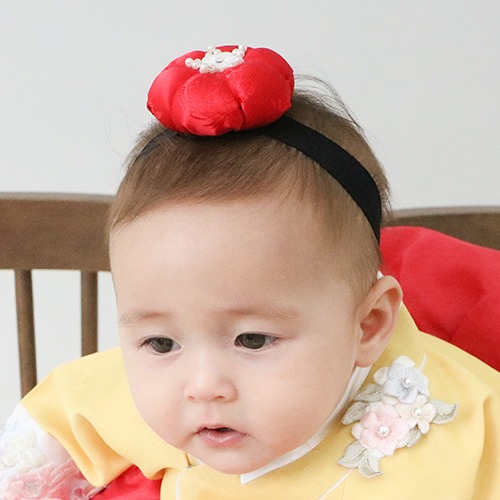 레드 호박 아기 한복머리띠 (베이비용) 명절 돌잔치 베이비밴드 - 상품 이미지