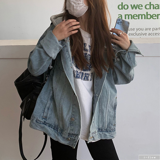 후드 오버핏 연청 데님 자켓 1color (재입고) 가을 봄 빈티지 루즈핏 제이플로우 - 상세 이미지 5