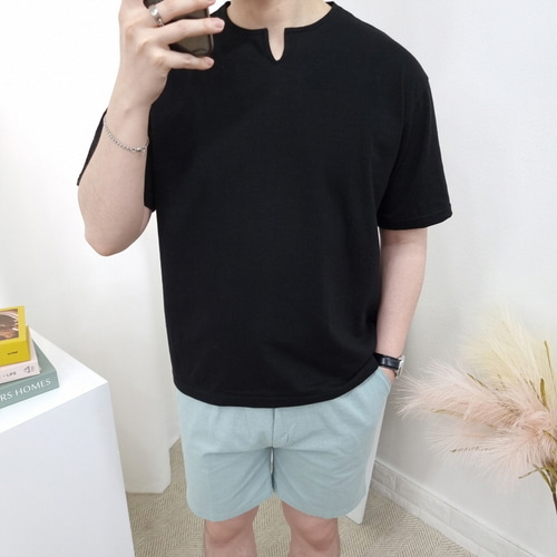 남자 4컬러 슬라브 트임 브이넥 루즈핏 여름 반팔티셔츠 블랙 네이비 화이트 베이지 이미지 3