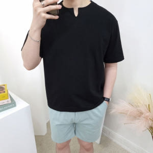 남자 4컬러 슬라브 트임 브이넥 루즈핏 여름 반팔티셔츠 블랙 네이비 화이... 착용 후기 | 사이즈/핏 총정리 - 상품 이미지 3