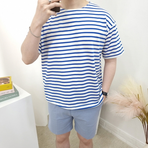 남자 5컬러 루즈핏 잔 스트라이프 여름 반팔티셔츠 이미지 2