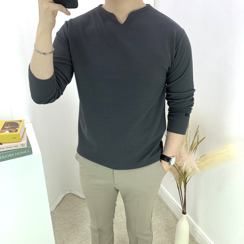 남자 긴팔티 슬림핏 트임 브이넥 무지 빅사이즈 - 상세 이미지 4