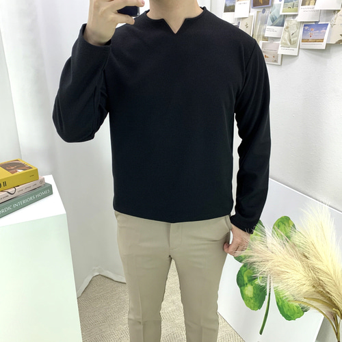 남자 4컬러 구김방지 V 트임 넥 포인트 스판 무지 긴팔 티셔츠 - 상세 이미지 3