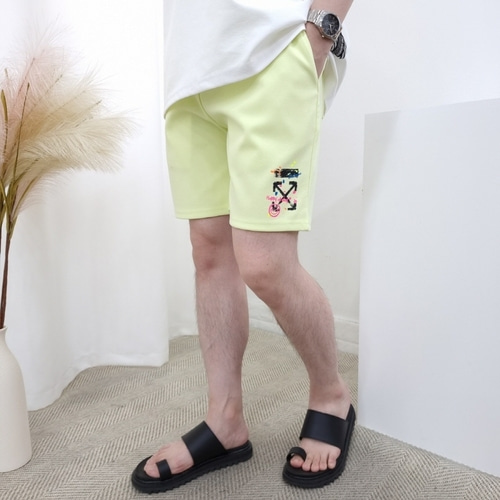남자 스티커 페인팅 프린트 합포 면 4부 밴딩 트레이닝 반바지 3컬러 이미지 6