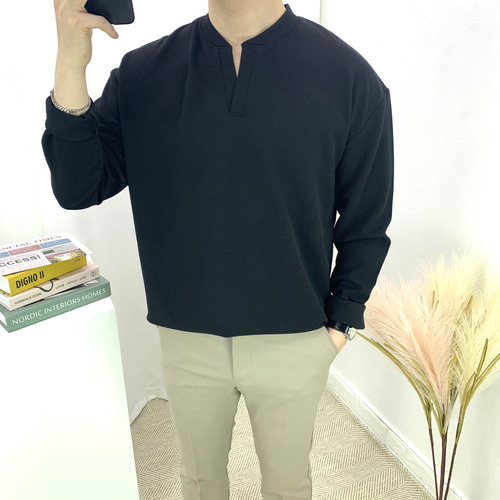 남자 6컬러 스판 분또 오버핏 트임 헨리넥 긴팔 티셔츠 빅사이즈까지 - 상세 이미지 4
