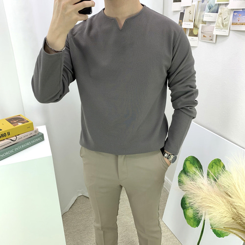 남자 4컬러 구김방지 V 트임 넥 포인트 스판 무지 긴팔 티셔츠 - 상세 이미지 2