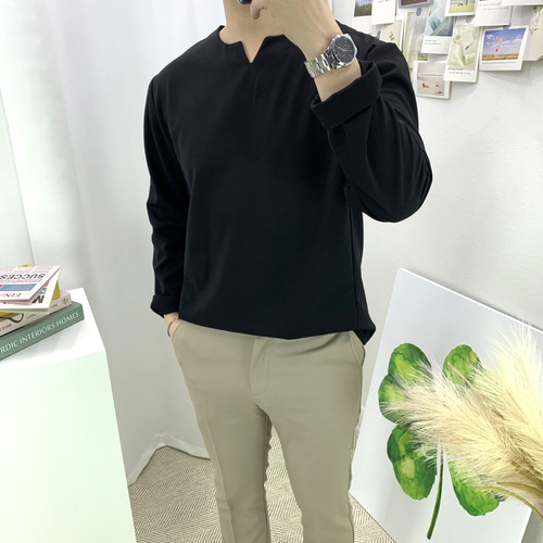 남자 4컬러 오버핏 봄 가을 브이트임넥 스판 기본 무지 긴팔 티셔츠 빅사이즈 - 상세 이미지 5