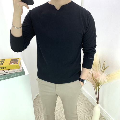 남자 긴팔티 슬림핏 트임 브이넥 무지 빅사이즈 - 상세 이미지 3