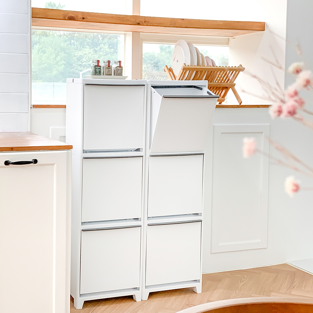 [단독] 창신리빙 프랑코 인테리어 스탠드 분리수거함 2단 2개 + 전용 우드상판 풀세트