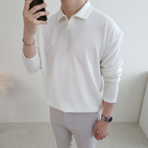 가을신상 5컬러 세미 오버핏 오픈카라 스판 트임 브이넥 남자 긴팔 티셔츠 이미지 2