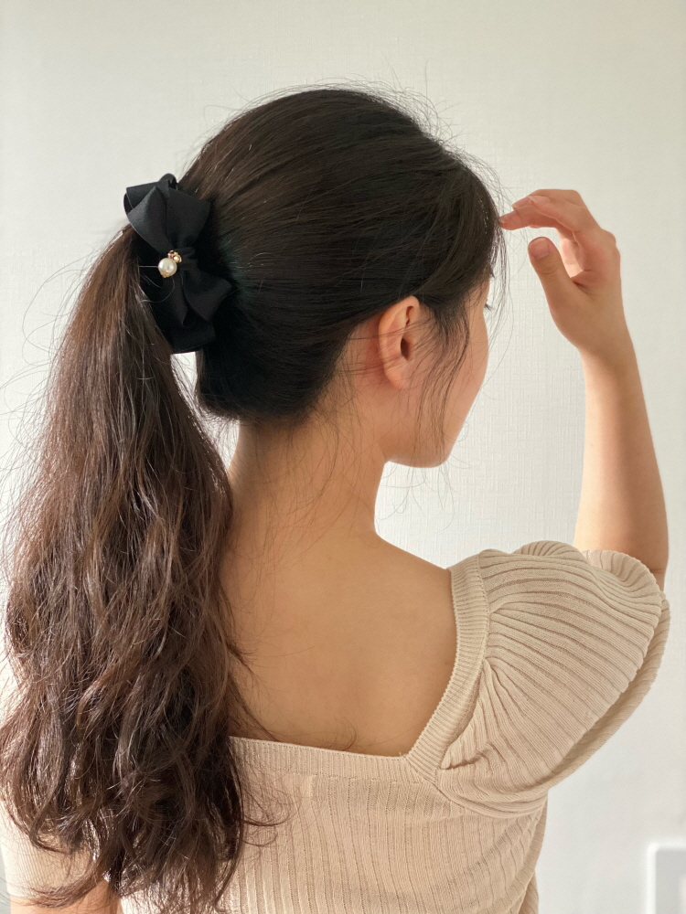 레이어드 빅 리본 진주 올림머리 바나나핀 헤어집게 빅 왕 핸드메이드 10cm 이미지 6