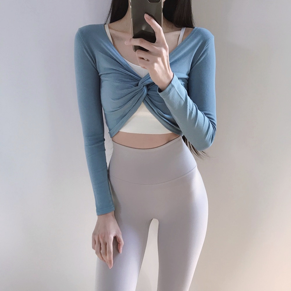로라벨 실비아 꼬임 필라테스복 요가 커버업 크롭 탑 옷 폴웨어 운동복 티 여성 복장 상의 - 상세 이미지 2