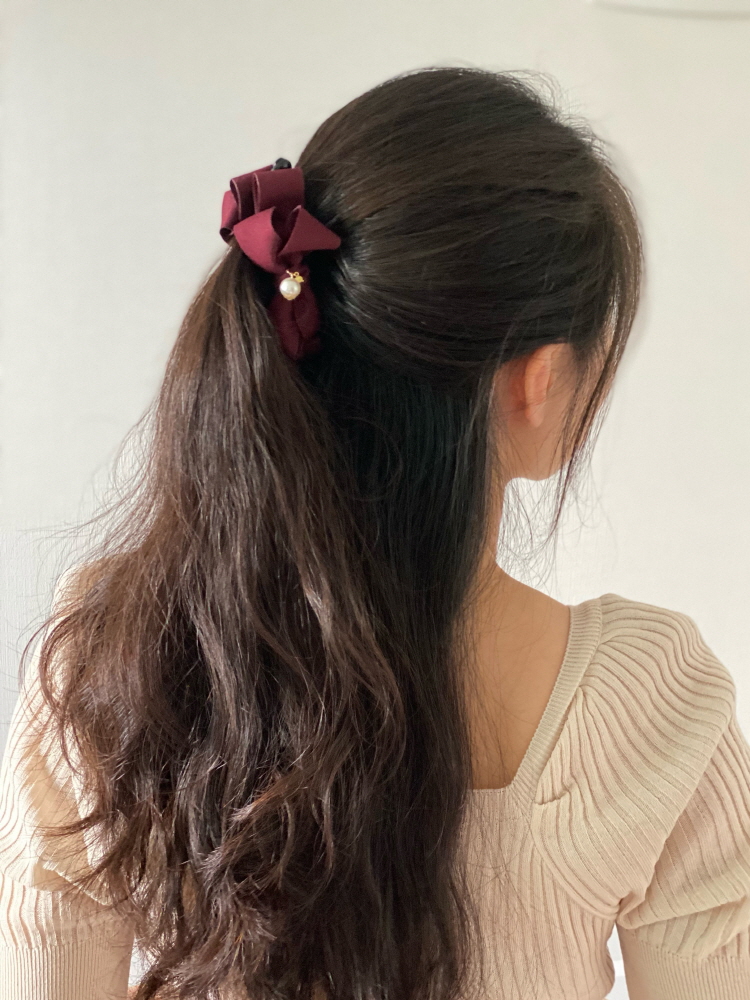 레이어드 빅 리본 진주 올림머리 바나나핀 헤어집게 빅 왕 핸드메이드 10cm 이미지 7