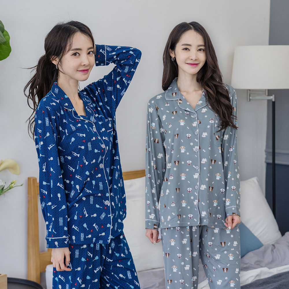 에이원 여성용 피치기모 긴팔 카라 잠옷 상하의 세트 - 상세 이미지 3