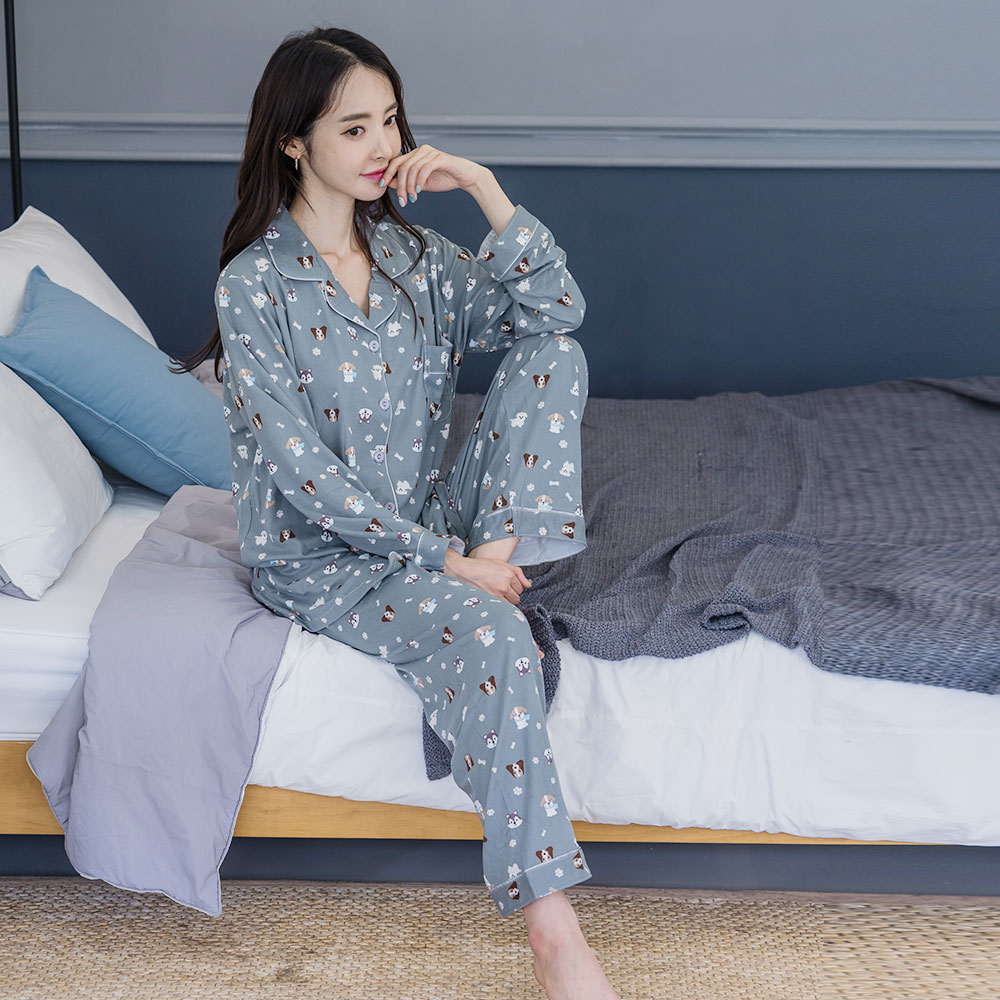 에이원 여성용 피치기모 긴팔 카라 잠옷 상하의 세트 - 상품 이미지