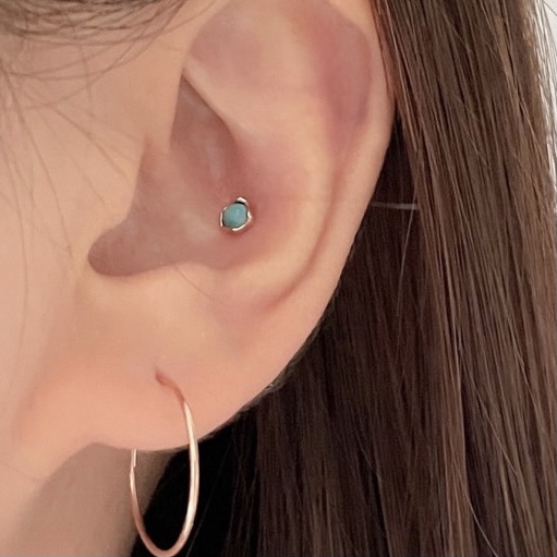 14k 터키석 플라워 미니 골드 귀걸이, 피어싱 - 데일리 심플 포인트 로즈골드 레이어드 - 상품 이미지