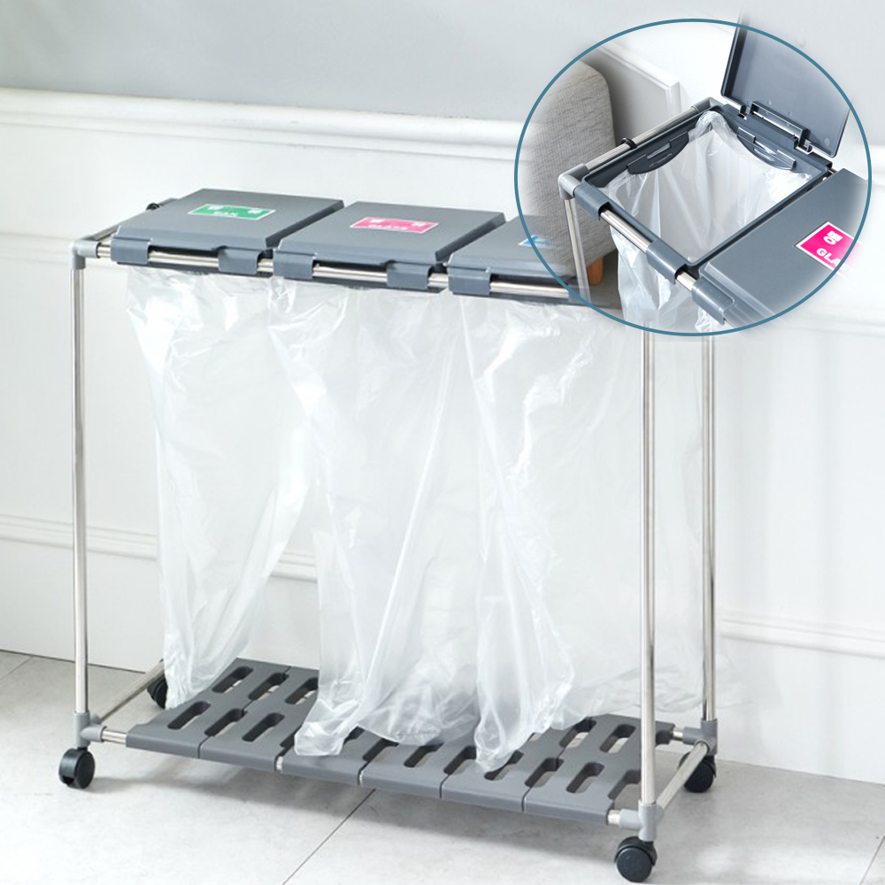 가정용 재활용 분리수거함 비닐 걸이형 원터치 스탠드 2단 사무실 이동식 대용량 쓰레기 통