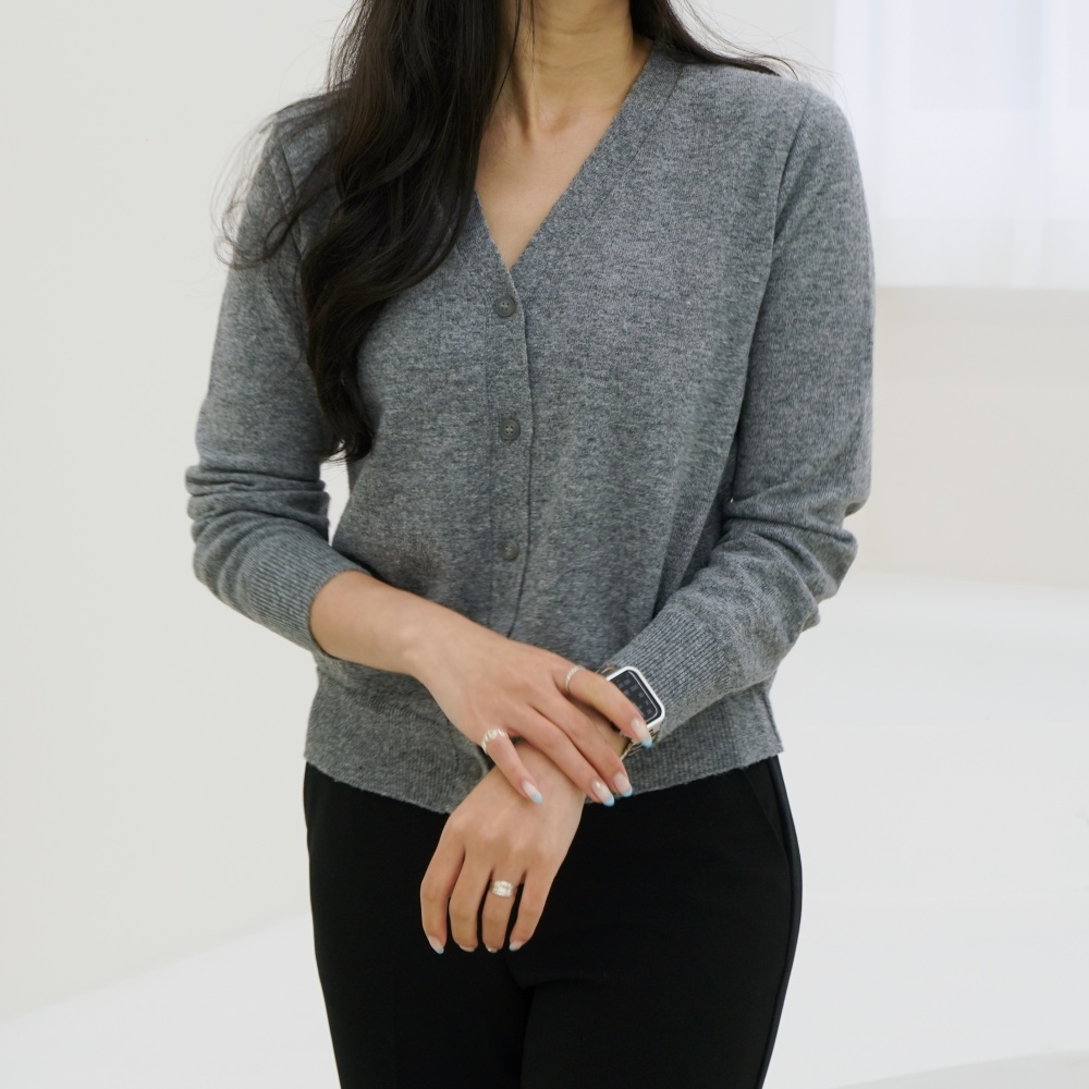 기본 v넥 짧은 단추 베이직 사무실 가디건 베이지 블랙 그레이 브라운 (피넛) - 상세 이미지 3
