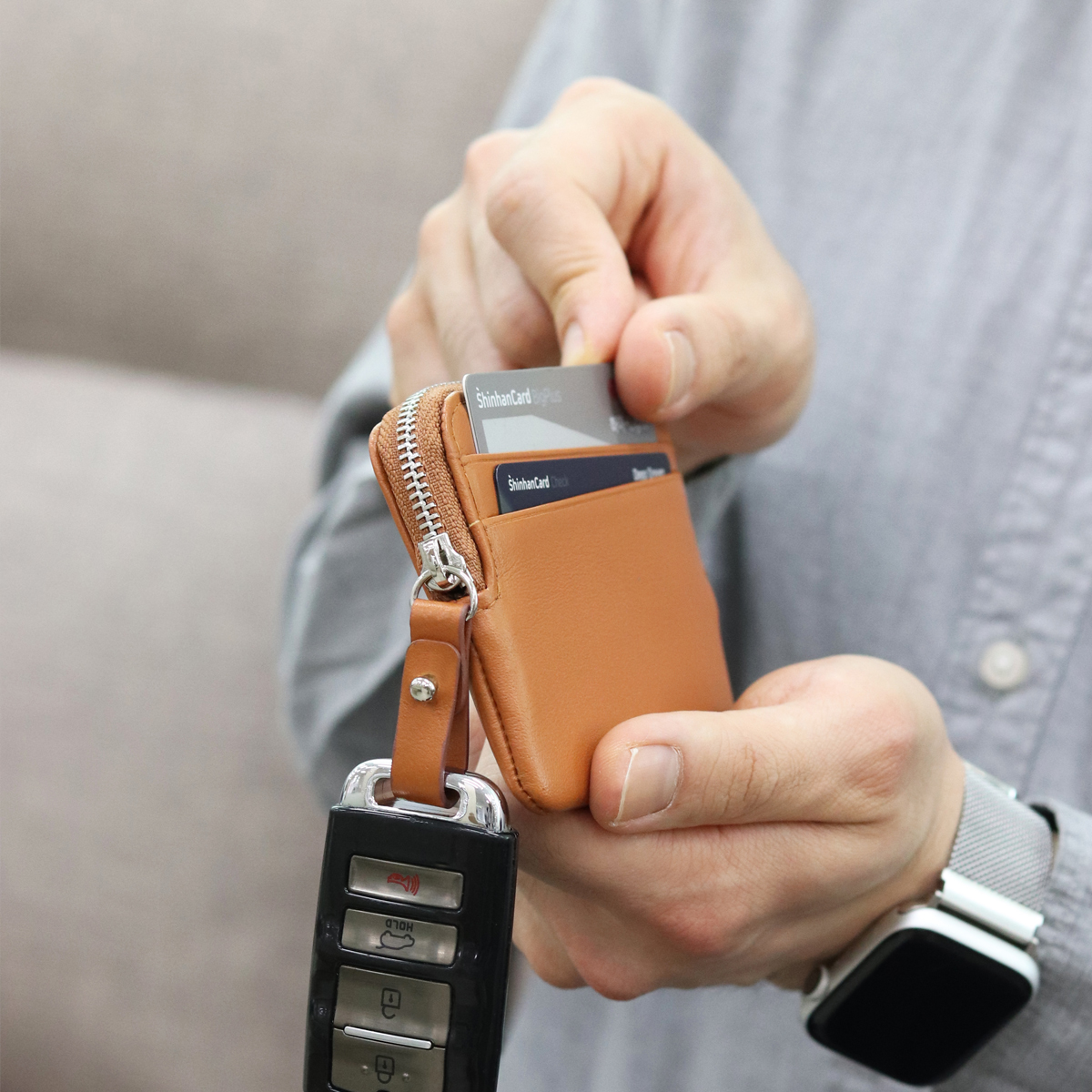 스마트키 지퍼 카드 차 키 자동차 홀더 카드 파우치 가죽 지갑