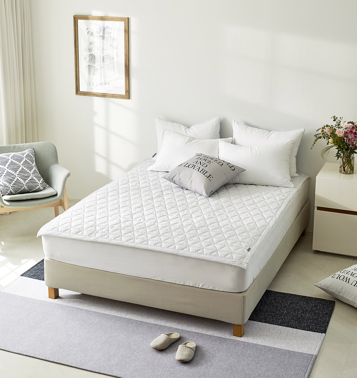 이불패드 패밀리 침대패드 겸 이불 모달 스트라이프 알러지케어 고정밴드 Q