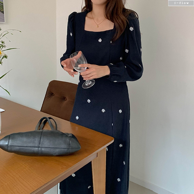 데이지 코듀로이 스퀘어넥 롱원피스 (네이비) 겨울 봄 슬림 A라인 밴딩 하객 제이플로우 제품 이미지