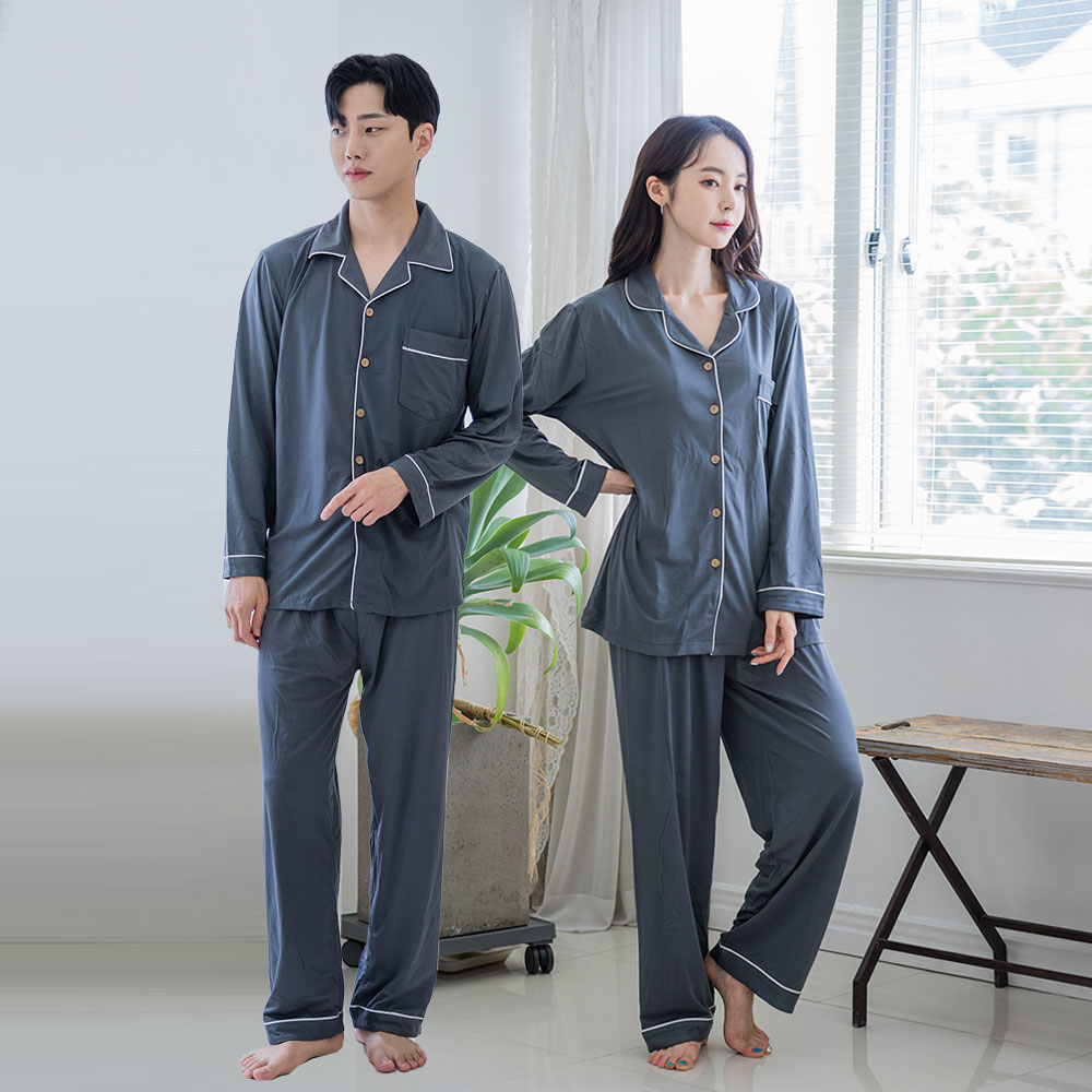 [에이원] 무지 기모 커플잠옷세트 카라 파자마 홈웨어 - 상세 이미지 4