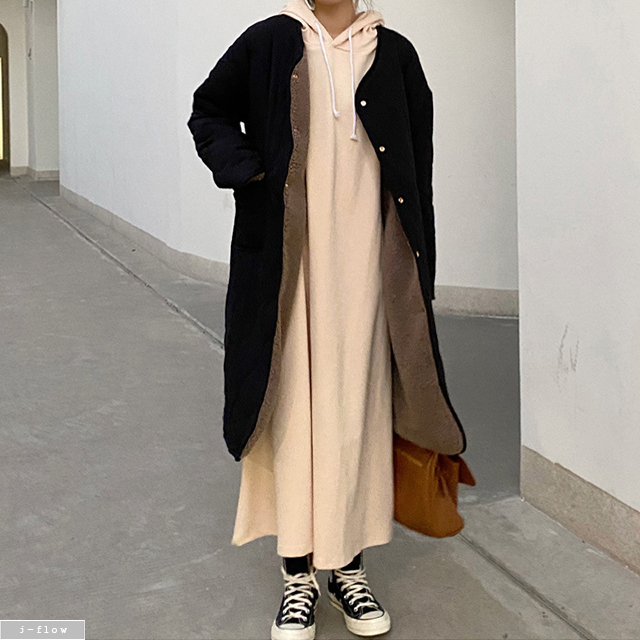 맥시 후드 코튼 A라인 롱원피스 5color 제이플로우 가을 봄 데일리 루즈핏 캐쥬얼 - 상품 이미지