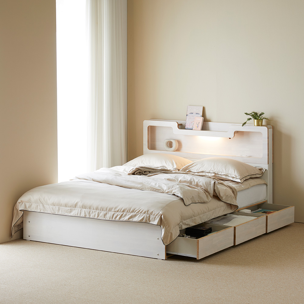 장인가구 원스 고무나무 원목 LED 레일형 3서랍 멀티 수납 침대프레임 SS