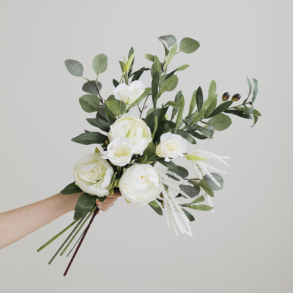 올리브 작약 리시안셔스 유칼립투스 실크 꽃다발 인테리어 성묘 조화 화병 장식 소품