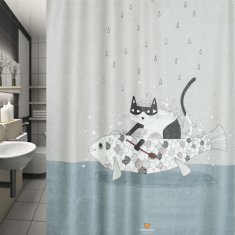 원세븐나인 패브릭 샤워커튼 트래블링 캣 M