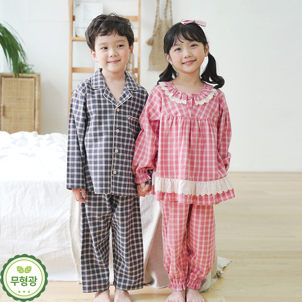 유아 여아 잠옷 남아 겨울 실내복 주니어 체크 파자마 /마인드(선염순면) - 메인 이미지