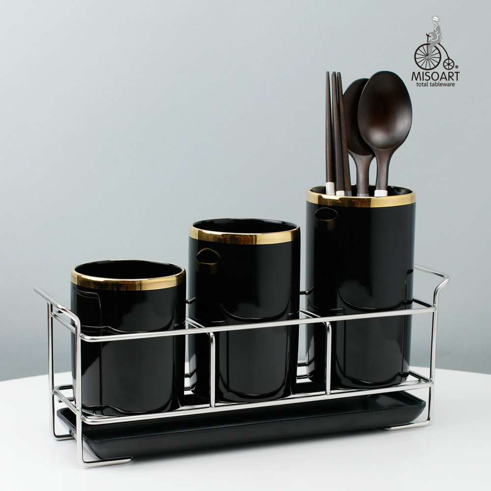 모던 골드림 3구 물빠짐 도자기 조리 수저통세트 블랙