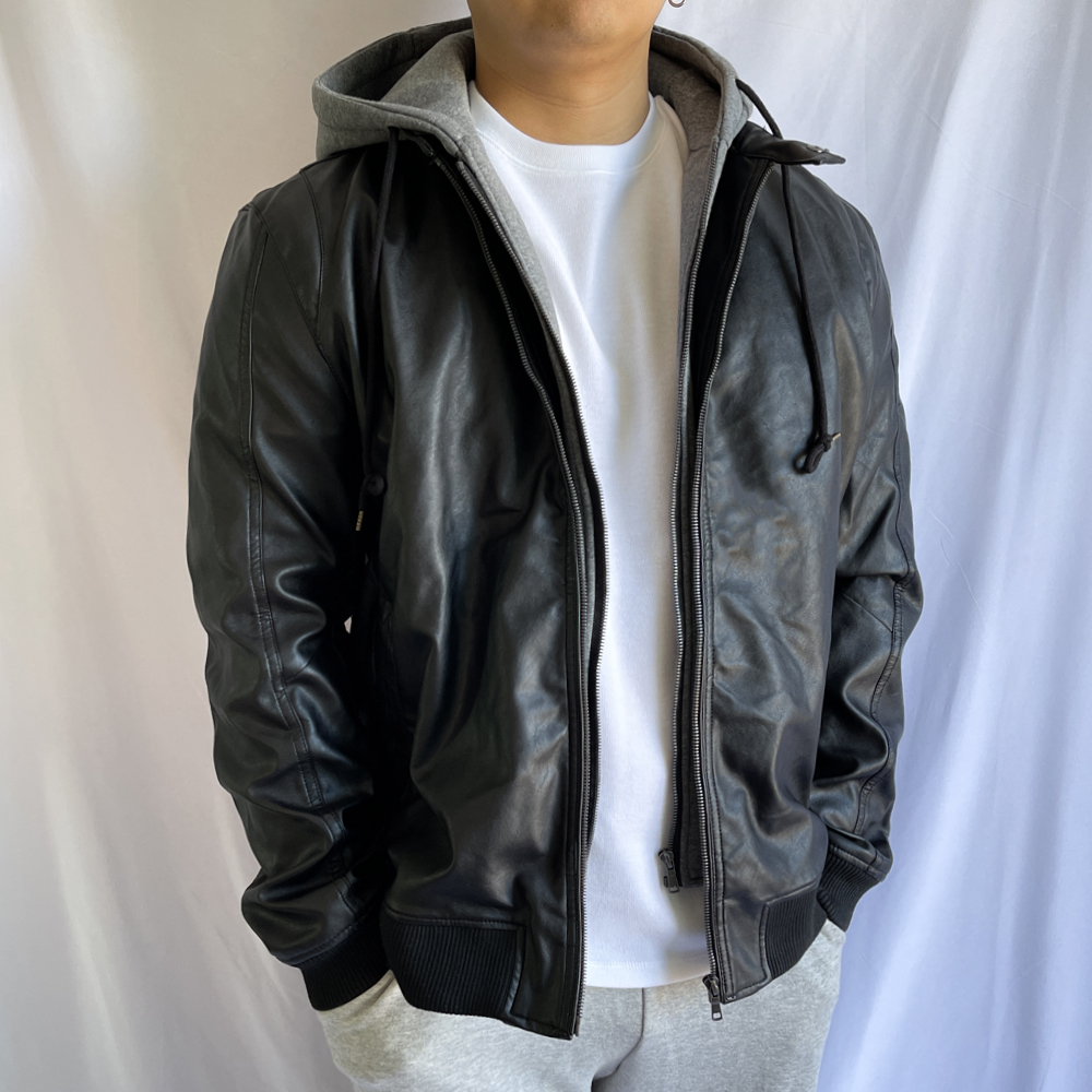 남자 후드 탈부착 레더 라이더 세미오버핏 자켓