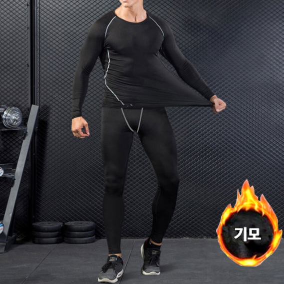 남자 기모 헬스복 세트 (머슬핏 긴팔 상의 티 타이즈 헬스장옷 짐웨어 운동복 러닝 조깅) - 상품 이미지
