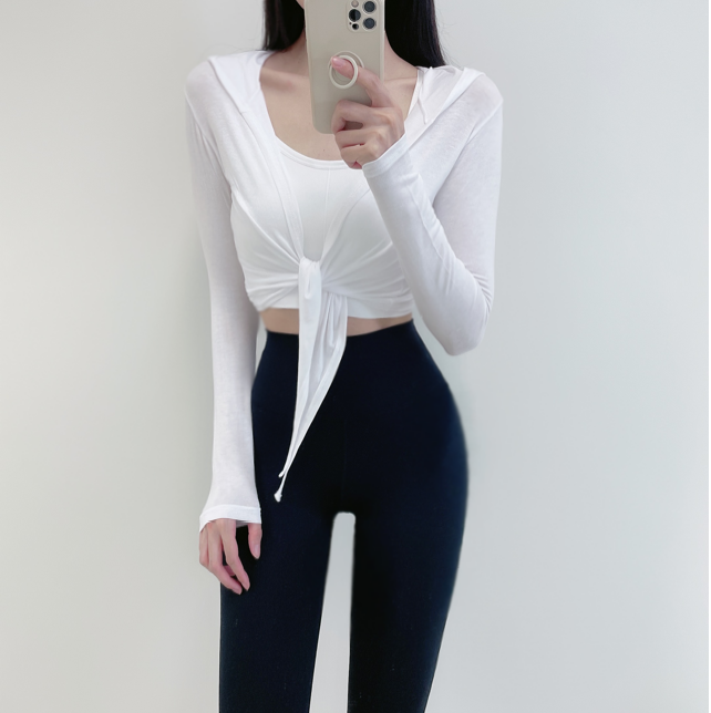 로라벨 후드 랩 긴팔 가디건 필라테스복 요가복 상의 필라테스 커버업 크롭티 여자 운동복 - 상품 이미지