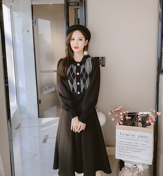 여자여자몰 레트로룩 아가일 겨울 벨트 니트롱원피스 볼륨소매 코듀로이원피스 이미지 7
