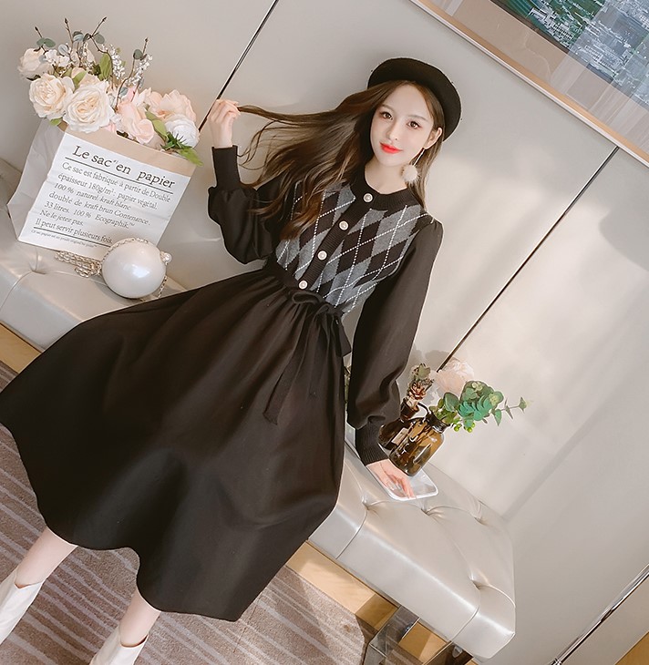 여자여자몰 레트로룩 아가일 겨울 벨트 니트롱원피스 볼륨소매 코듀로이원피스 이미지 8