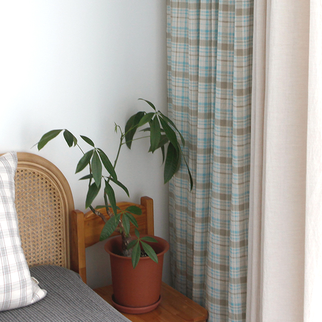 바이아미 케인 체크 아이방 브라운 커튼 핀스타일 가로130세로150