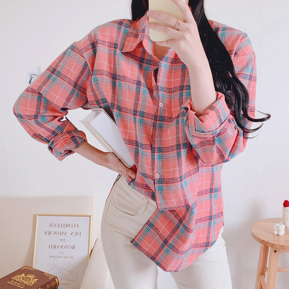 여성 셔츠 여자 체크 남방 봄 블라우스 간절기 가을 오버핏 핑크 베이지 네이비 옐로우 - 상세 이미지 2