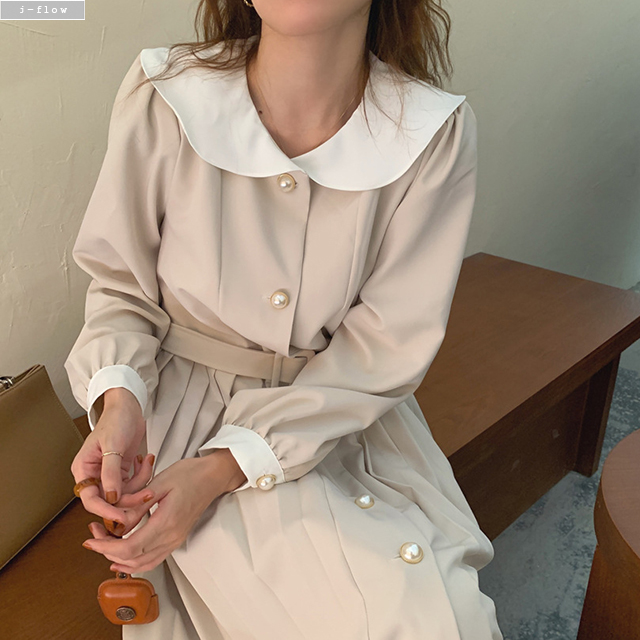 오브유 둥근카라 플리츠 벨트 롱원피스 2color 봄 가을 주름 진주 퍼프 제이플로우 이미지 6