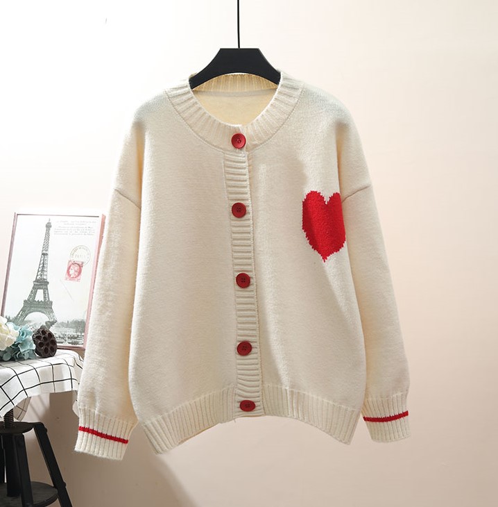 [여자여자몰] 빨강 단추 큐트 하트 자수 니트 데일리 가디건 - 상세 이미지 3
