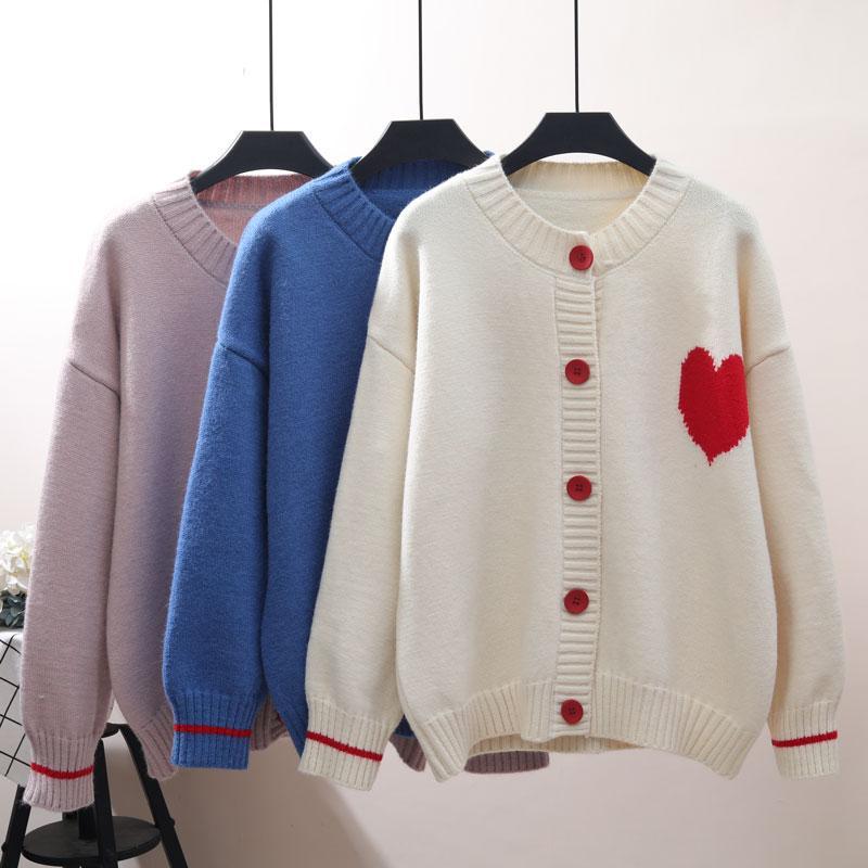 [여자여자몰] 빨강 단추 큐트 하트 자수 니트 데일리 가디건 - 상품 이미지