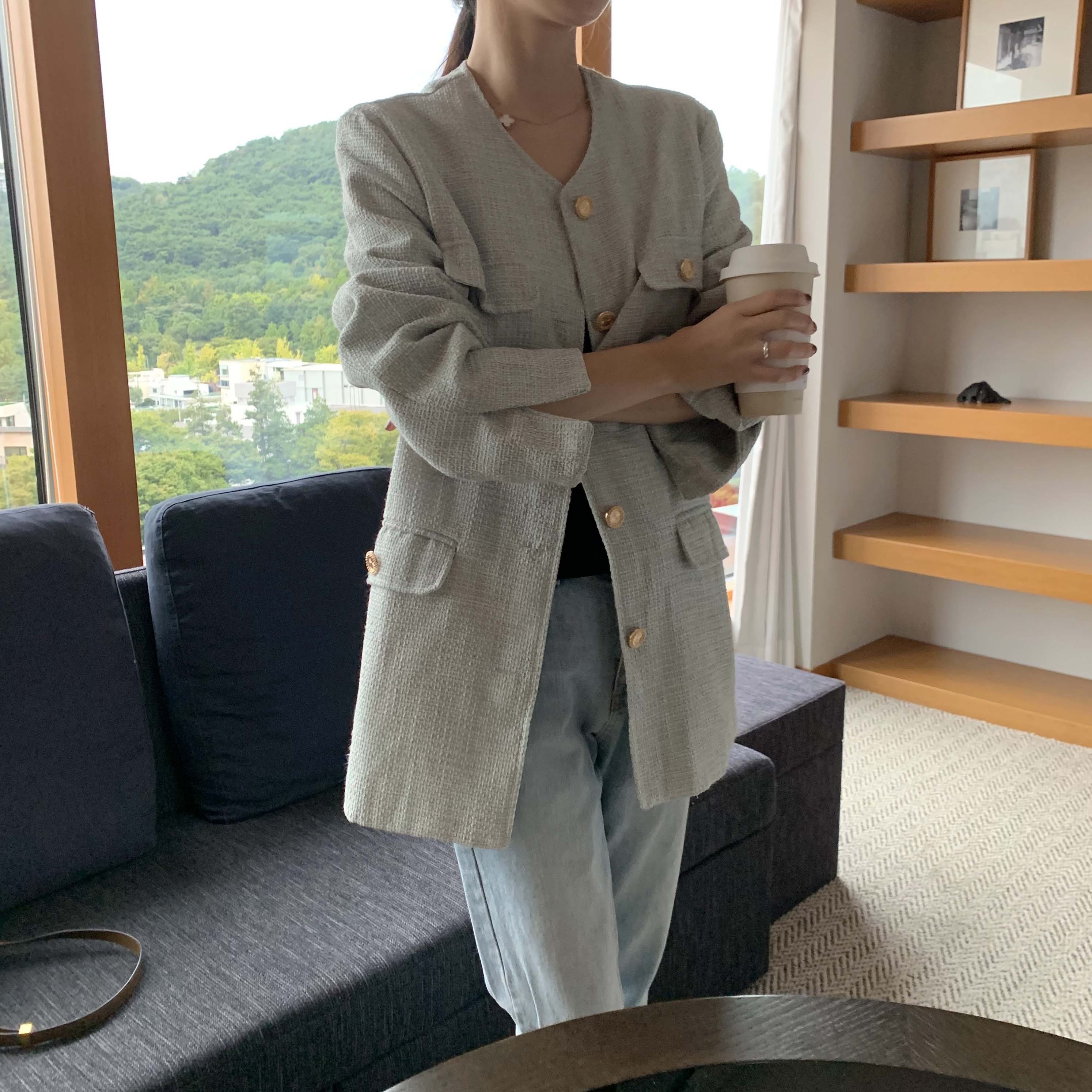 오버 노카라 루즈핏 골드버튼 긴팔 하프 케쥬얼 빈티지 트위드 재킷 자켓(민트,네이비) 이미지 2