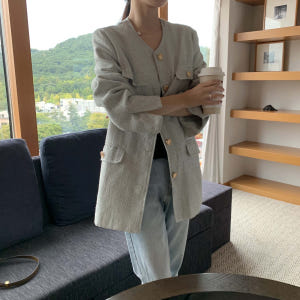 오버 노카라 루즈핏 골드버튼 긴팔 하프 케쥬얼 빈티지 트위드 재킷 자켓(... 착용 후기 | 사이즈/핏 총정리 - 상품 이미지 2