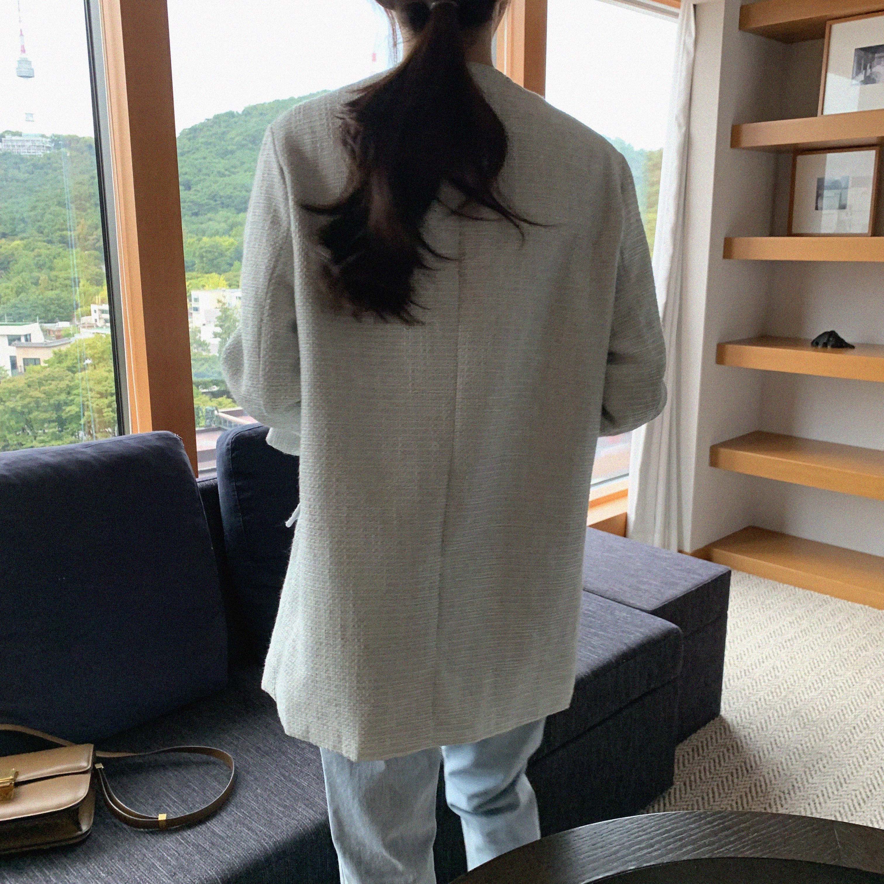 오버 노카라 루즈핏 골드버튼 긴팔 하프 케쥬얼 빈티지 트위드 재킷 자켓(민트,네이비) 이미지 3