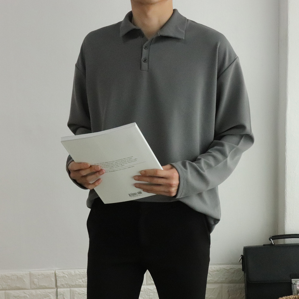 댄디 캐주얼 오버핏 구김없는 링클프리 폴리 스판 헨리넥 단추 정장 카라긴팔티셔츠 이미지 4