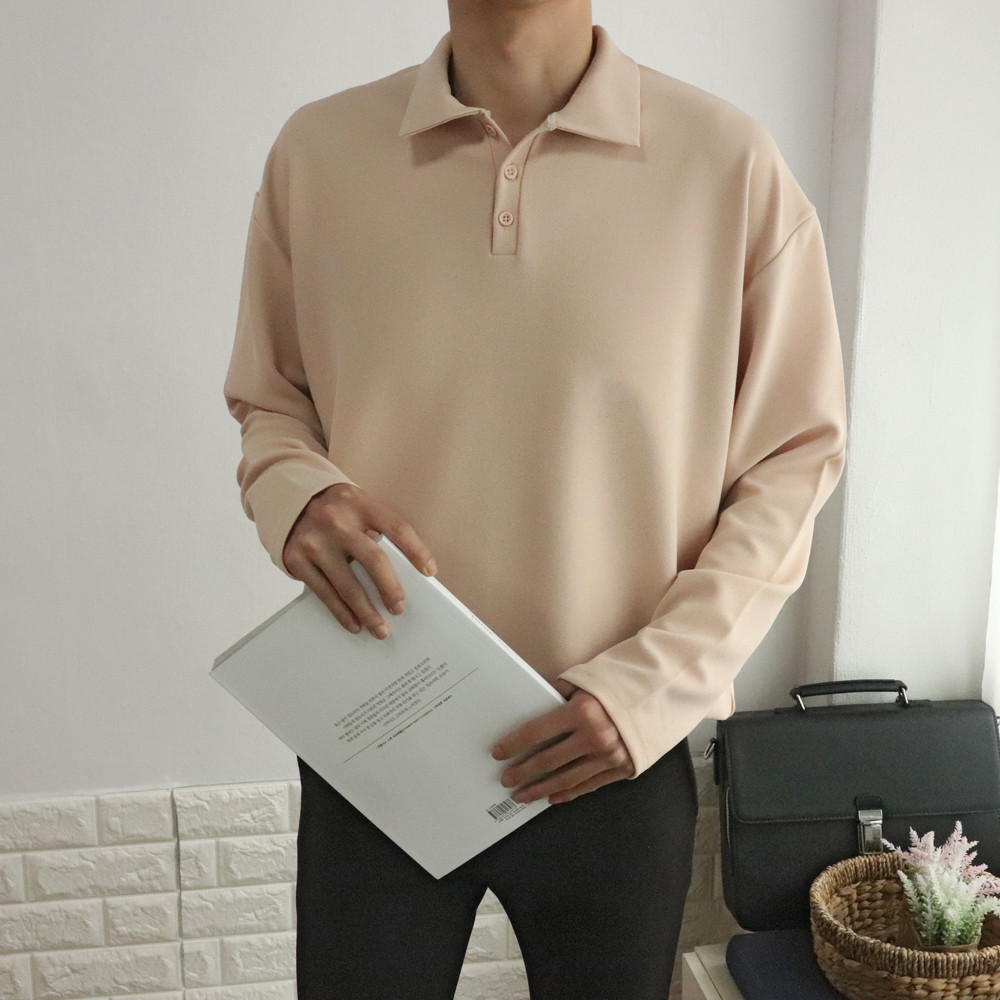 댄디 캐주얼 오버핏 구김없는 링클프리 폴리 스판 헨리넥 단추 정장 카라긴팔티셔츠 이미지 3