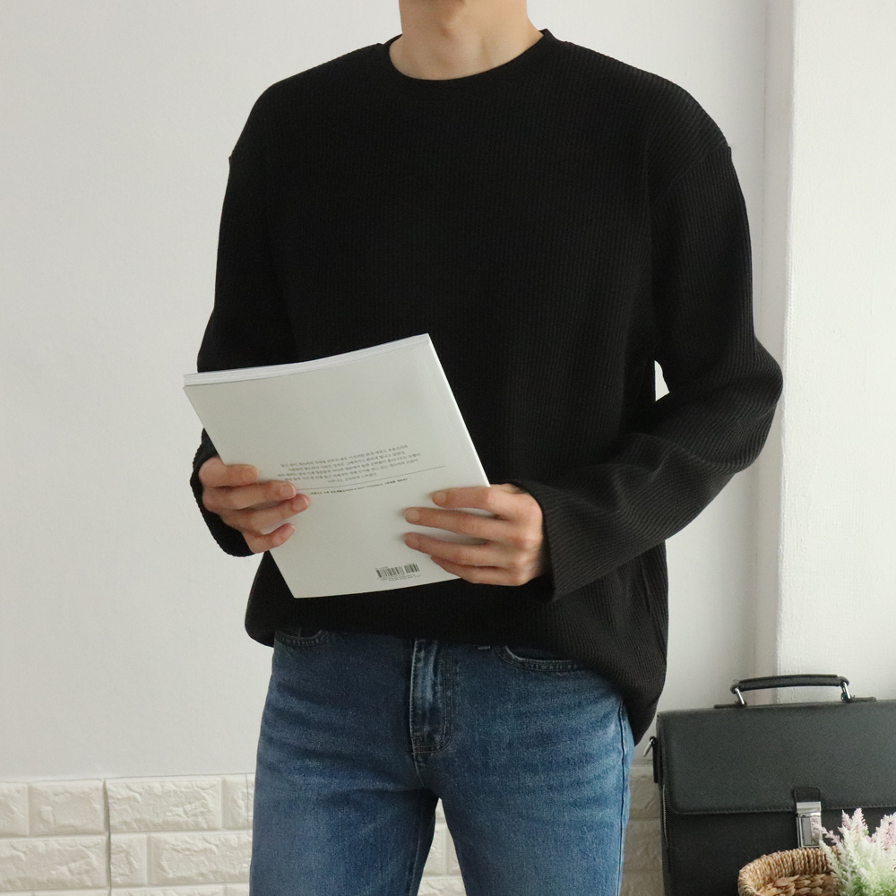 와플 오버핏 어깨드랍숄더 베이직 기본 구김없는 스판 니트 긴팔티셔츠 이미지 2