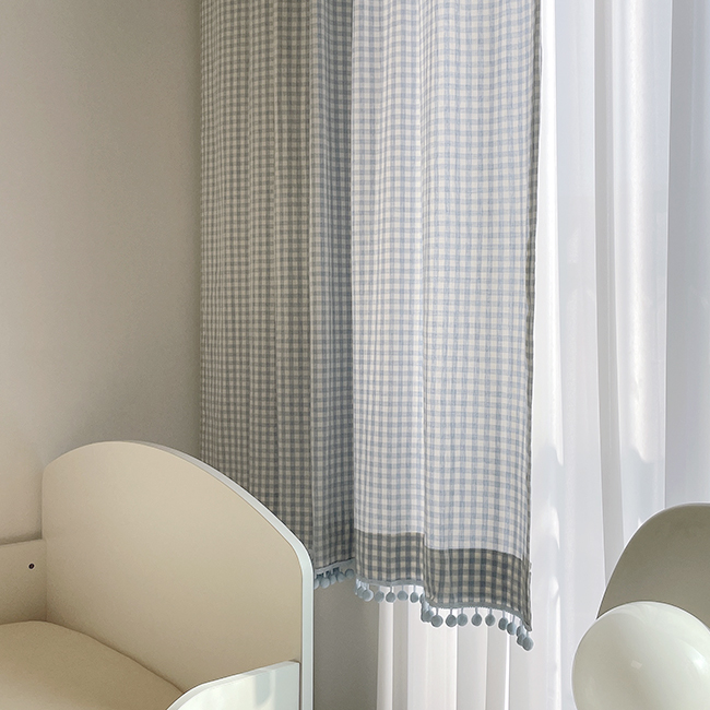 멜란 체크 블루폼폼 아이방 커튼 남아