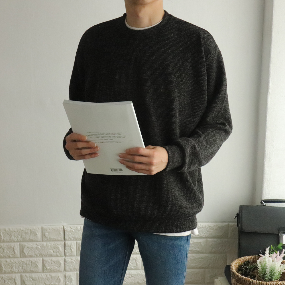 1+1 구김없는 캐주얼 기모 오버핏 빅사이즈 스판 무지 라운드 와플 니트맨투맨티셔츠 이미지 4